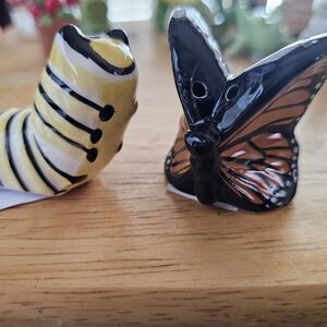 Ceramic Butterfly & Caterpillar Salt and Pepper Shakers - Black, Orange, Yellow